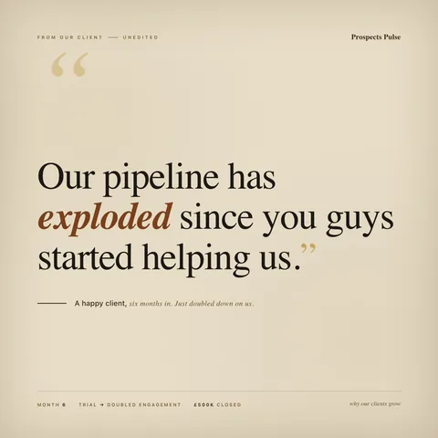 Client quote card reading Our pipeline has exploded since you guys started helping us