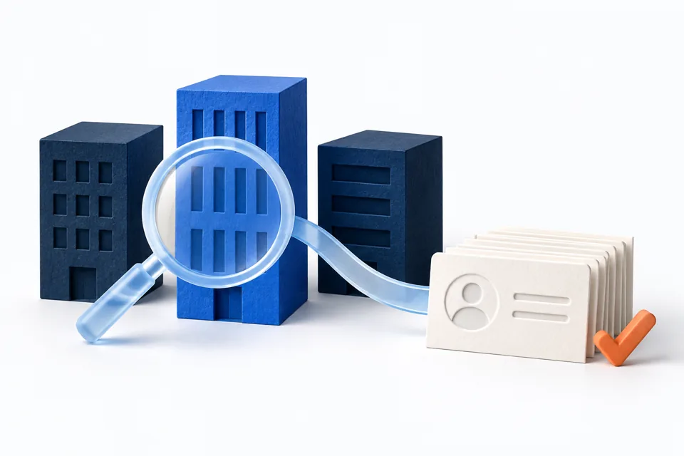 Company research and an organised contact database, shown as an original conceptual illustration.