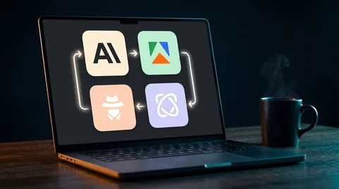 Four AI tool icons displayed on a laptop screen
