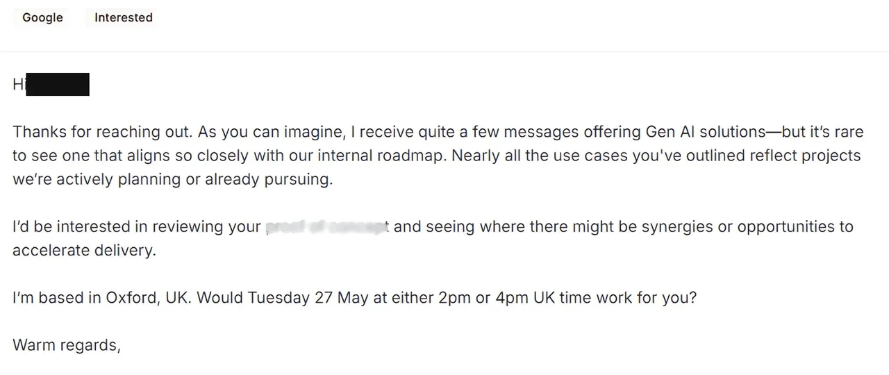 A CTO says the outreach matches their internal roadmap and asks to review the work.