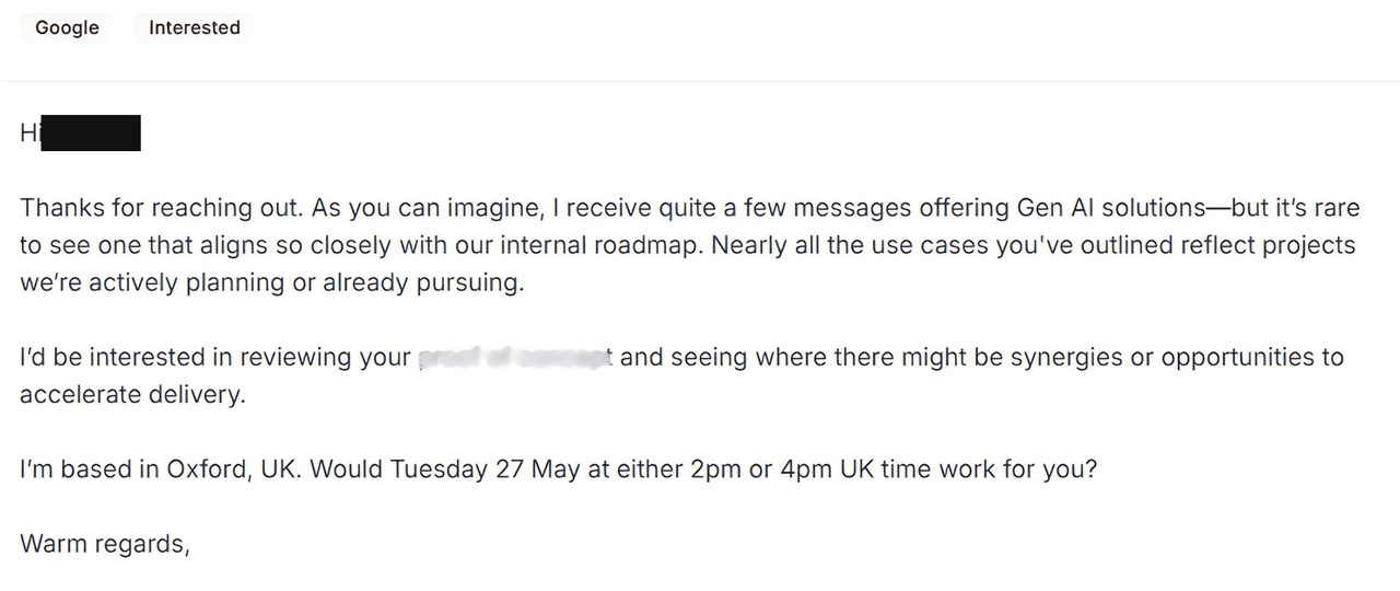 A reply from a CTO saying the outreach matched their internal roadmap, asking to review the work.