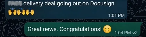 Chat message announcing a delivery deal going out on Docusign